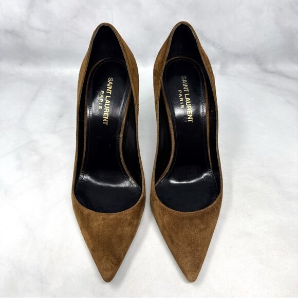 Saint Laurent Zoe 105 Suede Pointed Toe Stiletto Heel Pump Brown - Picture 3 of 13